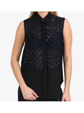 3.1 Phillip Lim Silk Sleeveless Blouse Black Navy Textured Chevron Pattern Wool